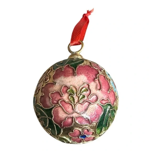 Cloisonné Vintage Christmas Ornament Floral Ball Bauble Gold Pink Green Blue - Picture 1 of 7